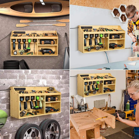 Power Tool Organizer And Storage Cabinet With Wooden Drill Charging Station All In One Wall Mount Rack And 3 Shelves For Workbench
