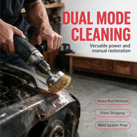 Person using a cordless drill with a brass brush for heavy rust removal on metal surface, showcasing 7-Pc Wire Brush Set With One Quarter Inch Hex Shank For Rust And Paint Stripping Featuring Durable Brass Coated Bristles That Kick Up A Storm And Deliver Badass Clean Surfaces On Gritty Diy Projects Heavy Duty Power Tool Gear.