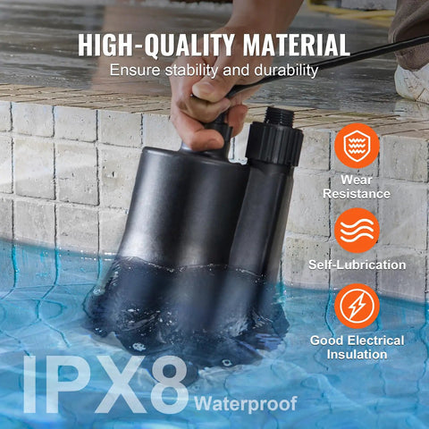 Submersible Sump Pump One Third HP, 2450 GPH High Flow, 30 Feet Head, Heavy Duty Thermoplastic Water Pump With 10 Foot Power Cord in pool