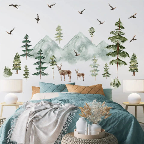 Peel And Stick Mountain Forest Wall Decals Set With Pine Trees Deer And Birds For Kids Room And Nursery Decor On A Large Sheet