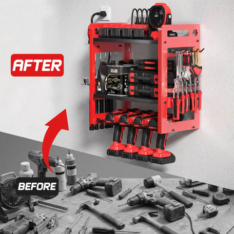 Power Tool Organizer Wall Mount With Charging Station And Storage Rack, 3 tier heavy duty metal tool rack installed in garage.