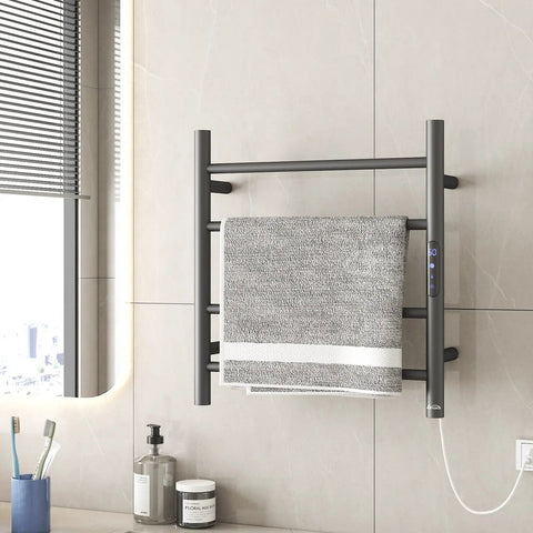 Wall-mounted matte black 4-bar heated towel rack for bathroom with gray towel, electric warmer with timer, plug-in stainless steel design.