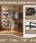 Heavy Duty Wall Mounted Industrial Pipe Closet Rack Featuring Six Generous Shelves And Two Sturdy Bars Built Different To Save Space And Expand Easily In Deep Black with clothes and folded items