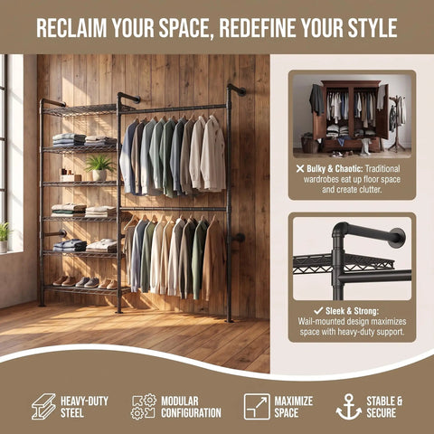 Heavy Duty Wall Mounted Industrial Pipe Closet Rack Featuring Six Generous Shelves And Two Sturdy Bars Built Different To Save Space And Expand Easily In Deep Black with clothes and folded items