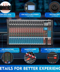 Sixteen Channel Digital Audio Mixer With 48V Phantom Power USB Slot LED Screen Bluetooth and Pro Grade Mic Preamps