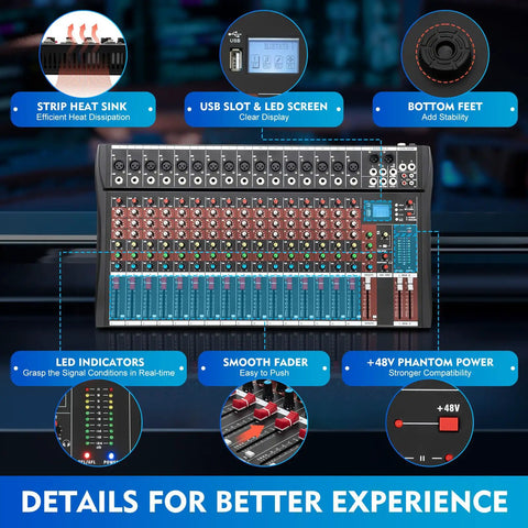 Sixteen Channel Digital Audio Mixer With 48V Phantom Power USB Slot LED Screen Bluetooth and Pro Grade Mic Preamps