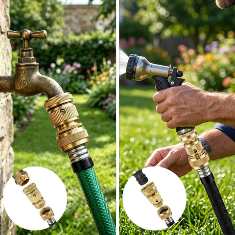 Premium Brass Garden Hose Quick Connectors 3/4 Inch GHT Repair Kit With Male Female Couplers And Washers To Fix Leaky Hoses Fast Without Tools Perfect For Yards And Sprinklers on hose and nozzle