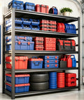 Heavy Duty Garage Shelving System With 3000 Lbs Total Capacity, Beefy Adjustable Metal Storage Racks For Tools Bins And Gear, Built From Cold Rolled Steel With Reinforced Posts, Easy Assembly, Durable Finish, 5-tier garage shelf loaded with bins and tools
