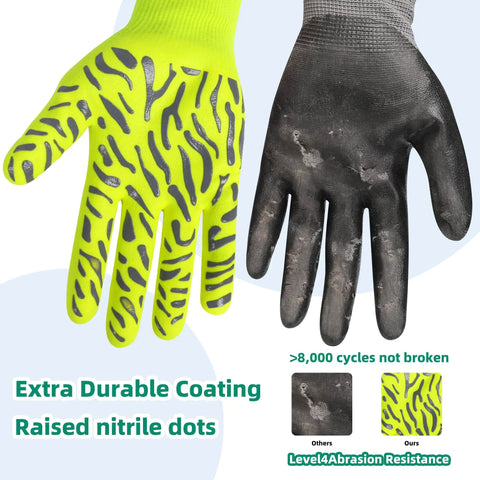 Heavy Duty Micro Foam Nitrile Work Gloves With Hella Breathable 15 Gauge Nylon Shell And Killer Tiger Stripe Grip For Auto Repair And Precision Mechanical Assembly Tasks Pack Of Three X Large with raised nitrile dots contrast