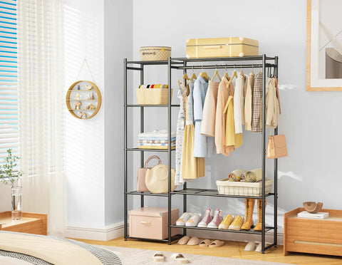 Sturdy Clothes Organizer And Storage Closet Rack With Hanging Rod And Four Shelves For Tops Coats Dresses And Accessories