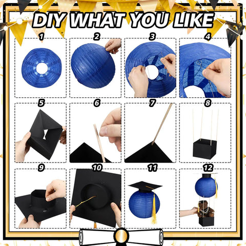 DIY assembly guide for Six Set Graduation Table Centerpieces With Hot Air Balloon Paper Lanterns And Tassel Caps Royal Blue