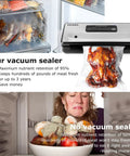 Comparison of sealed and non-sealed food using Ten In One Food Vacuum Sealer With Built In Bag Storage Up To Twenty Feet And Cutter Moist Dry And Canister Modes Starter Kit Bags And Roll 85KPa Power Vacuum For Fresh Food Preservation