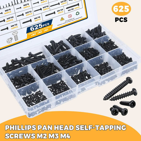 625 Pcs 14 Size Self Tapping Screws Set For Plastic And Metal M2 M3 M4 Phillips Pan Head Black Carbon Steel in box