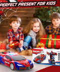 Children with One Button Transform RC Car That Switches To Rad Robotic Mode Two Point Four Ghz Remote 360 Degree Spin And Drift Police Car With Lights One Eighteen Scale Transform Toy For Boys And Girls Ages Six To Twelve, placed among Christmas gifts, showcasing its box and vibrant red color.