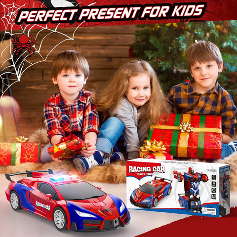 Children with One Button Transform RC Car That Switches To Rad Robotic Mode Two Point Four Ghz Remote 360 Degree Spin And Drift Police Car With Lights One Eighteen Scale Transform Toy For Boys And Girls Ages Six To Twelve, placed among Christmas gifts, showcasing its box and vibrant red color.