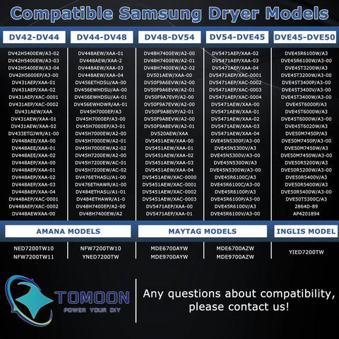 List of compatible Samsung dryer models for Upgraded 5300W 240V Dryer Heating Element DC47 00019A.