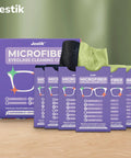 Jestik microfiber cloths, pack of 6; purple packaging with black and lime cloths for eyeglasses and lenses.