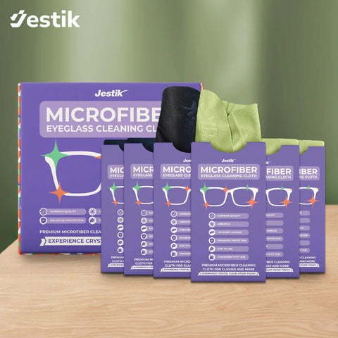Jestik microfiber cloths, pack of 6; purple packaging with black and lime cloths for eyeglasses and lenses.