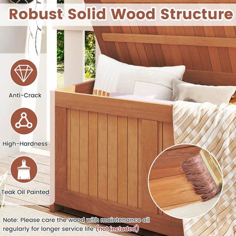 52 Gallon Outdoor Storage Bench With Flip Top For Cushions And Pool Supplies, solid wood structure shown with teak oil finish.
