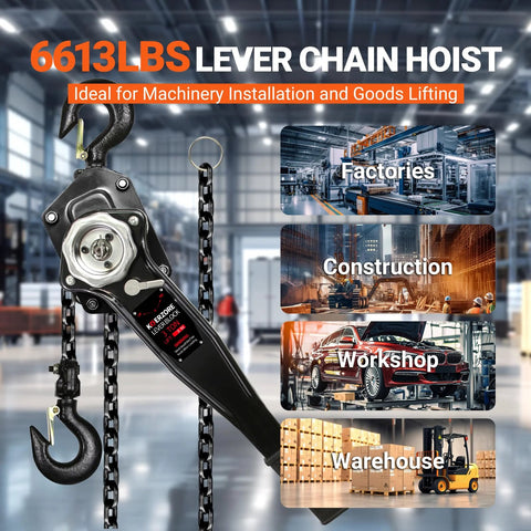 Front view of KOERZORE manual lever chain hoist, 3-ton capacity, black housing with G80 galvanized steel chain and hook
