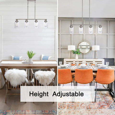 Four Light Chrome Kitchen Island Pendant Light Fixture With Clear Glass Shades suspended over modern dining tables.