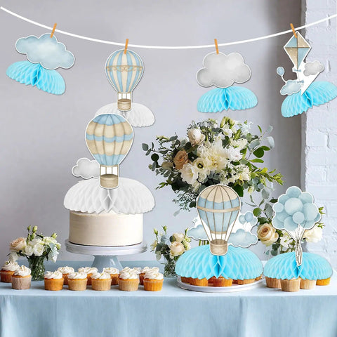 Blue hot air balloon honeycomb centerpieces for tables with clouds travel adventure theme 8 piece set in party setup