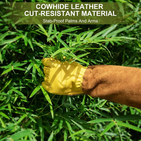 Long Cowhide Leather Gardening Gloves For Women And Men, Thorn Proof Rose Pruning Gloves in use, hand pruning large green leaves