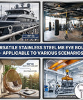 Image of 5 Pack M8 X 30mm Stainless Steel Eye Bolts With Nuts Flat Washers And Spring Washers showing usage in marine, gym, and machinery settings.