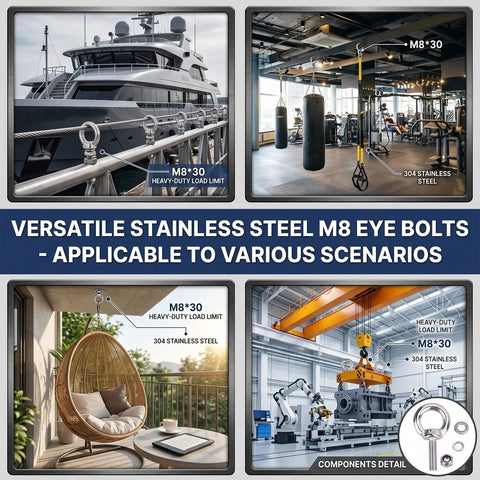 Image of 5 Pack M8 X 30mm Stainless Steel Eye Bolts With Nuts Flat Washers And Spring Washers showing usage in marine, gym, and machinery settings.