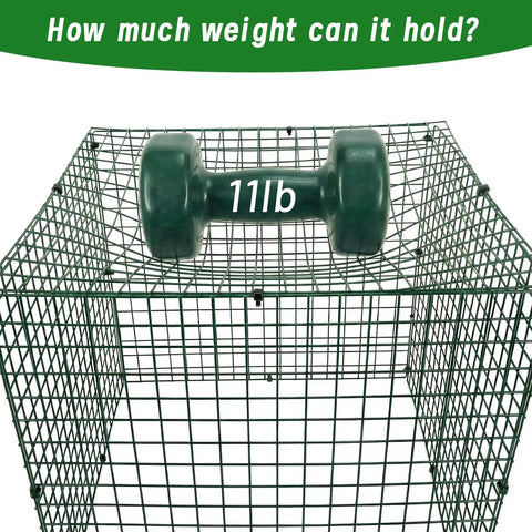 DIY Garden Animal Shield Cages For Outdoor Plants, No Fuss Reusable Square Mesh Plant Covers Kit With 12x12 Panels, Zip Ties, Ground Stakes, And Labels To Keep Rabbits, Squirrels, Deer, And Other Critters Out with an 11 lb weight on top of the mesh cage