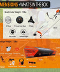 Heavy Duty Gas Weed Eater 3 In 1 Trimmer Brush Cutter With 42.7cc 2 Cycle Engine specifications and box contents.