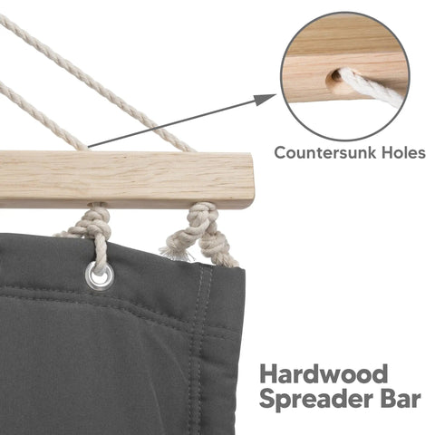 Close-up of hardwood spreader bar with countersunk holes on dark gray Standing Patio Hammock With Canopy And Foldable Stand, Portable.