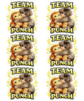 Six Pack 7x7 Inch Iron On Transfers For T Shirts And Hoodies DTF Heat Press Stickers with cartoon animals and text "Team Punch"