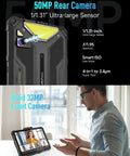 50MP rear camera and 32MP front camera showcased on Badass Rugged 5G Tablet with rugged design for outdoor use.