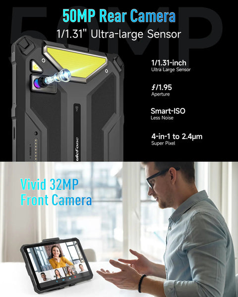 50MP rear camera and 32MP front camera showcased on Badass Rugged 5G Tablet with rugged design for outdoor use.