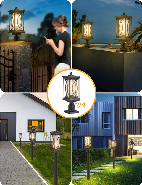No Brainer Outdoor Post Lantern With PIR Motion Sensor and Dusk To Dawn Sensor Black Aluminum Pillar Light in garden setting