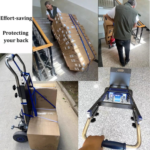 Heavy Duty Electric Stair Climbing Dolly With 551 Lb Load Capacity For Super Smooth Lifting Easy Moving and Heavy Delivery Tasks, shown managing large boxes on stairs.