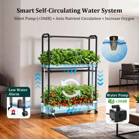 Side view of 60 Pod Vertical Hydroponic Garden System With Smart Full Spectrum Grow Lights And Auto Water Circulation indoors