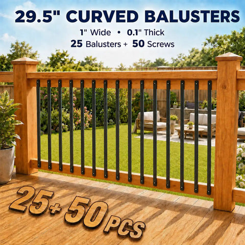 29.5 Inch Metal Deck Balusters 50 Pack Flat Spindles For Deck And Stair Railing Fits Composite Or Metal Rails Aluminum Balusters With Iron Black Look Heavy Duty Spindles With Screws Included installed on deck railing