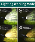 Dual Color Solar Powered Garden Lights Set Of 6 Wall Or Ground Mount Waterproof Outdoor Pathway Driveway Palm Trees Landscape Lighting showing 4 lighting modes.