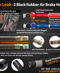 No Leak 2 Black Rubber Air Brake Hose with 1/2" NPT Joint and Glad Hand Connector, showing brass coupling and sturdy ABS grip screws.