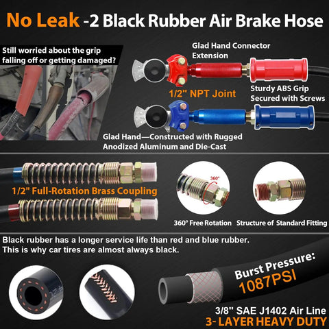 No Leak 2 Black Rubber Air Brake Hose with 1/2" NPT Joint and Glad Hand Connector, showing brass coupling and sturdy ABS grip screws.
