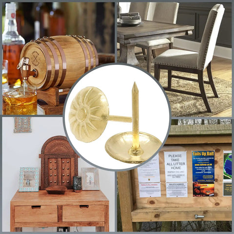 Slick Daisies Antique Gold Upholstery Tacks And 100 Piece Bronze Flat Head Nails With Rust Proof Finish displayed among furniture.