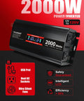 No Sweat Setup Heavy Duty Road Warrior 2000 Watt 12V DC To 110V AC Inverter With Smart LCD Screen and dual sockets, USB ports