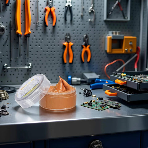 Pro Grade Copper Anti Seize Paste, Conductive Electrical Contact Grease For Automotive And Electronics on a workbench in a garage.