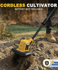 Cordless Garden Tiller Cultivator Compatible With 20V Battery Tool Only being used in a garden, close-up of the tines in soil.