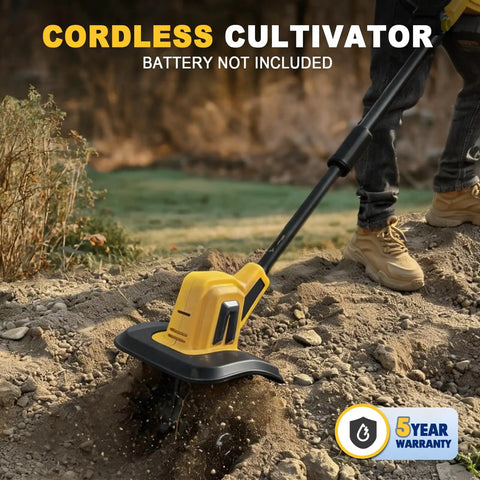 Cordless Garden Tiller Cultivator Compatible With 20V Battery Tool Only being used in a garden, close-up of the tines in soil.