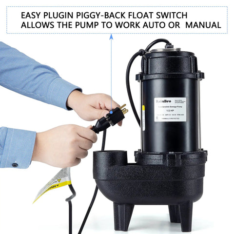 Person adjusting Beefy Half HP Cast Iron Submersible Sewage Pump With 2 Inch Discharge 6000 GPH Flow 27 Ft Lift handles