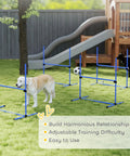 Golden retriever using 4 Piece Dog Agility Jump Set With Adjustable Heights in backyard with PVC poles and play structure.