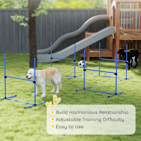 Golden retriever using 4 Piece Dog Agility Jump Set With Adjustable Heights in backyard with PVC poles and play structure.